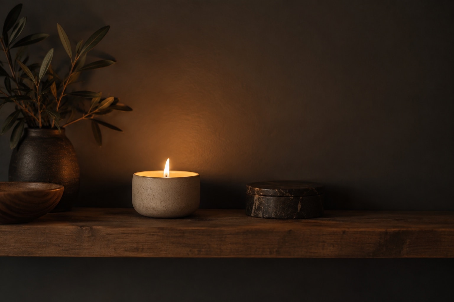 A small candle glowing on a wooden shelf