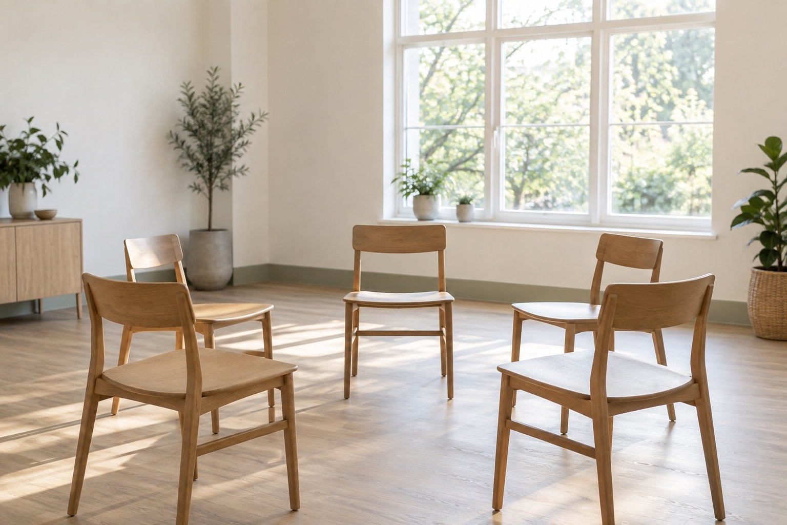 Empty wooden chairs in a circle near a bright window