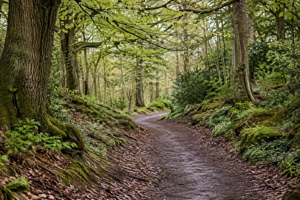 A quiet green footpath through spring trees