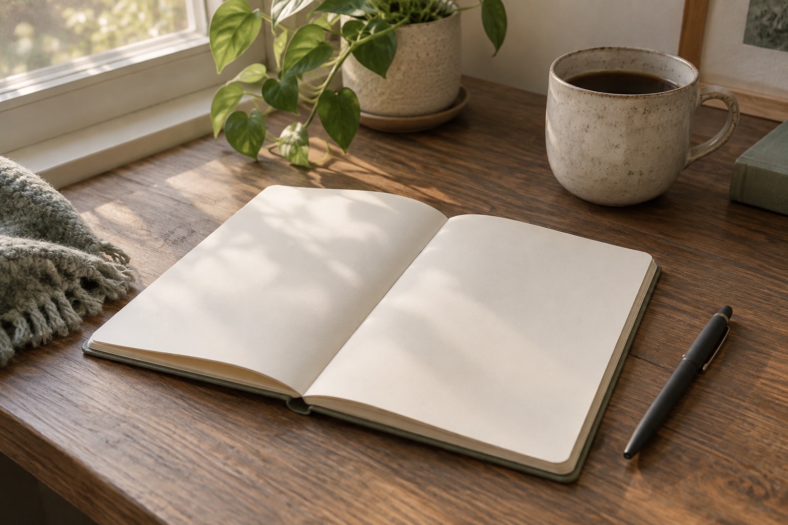 A blank notebook and pen beside a sunlit window