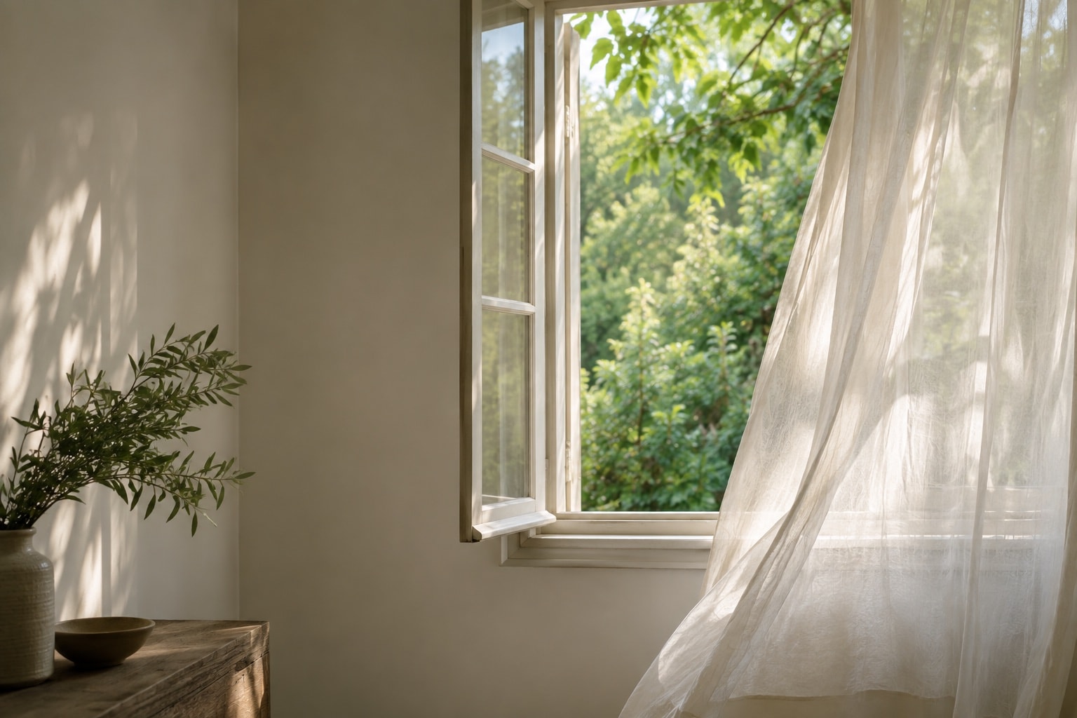 An open window with a white curtain and green leaves outside