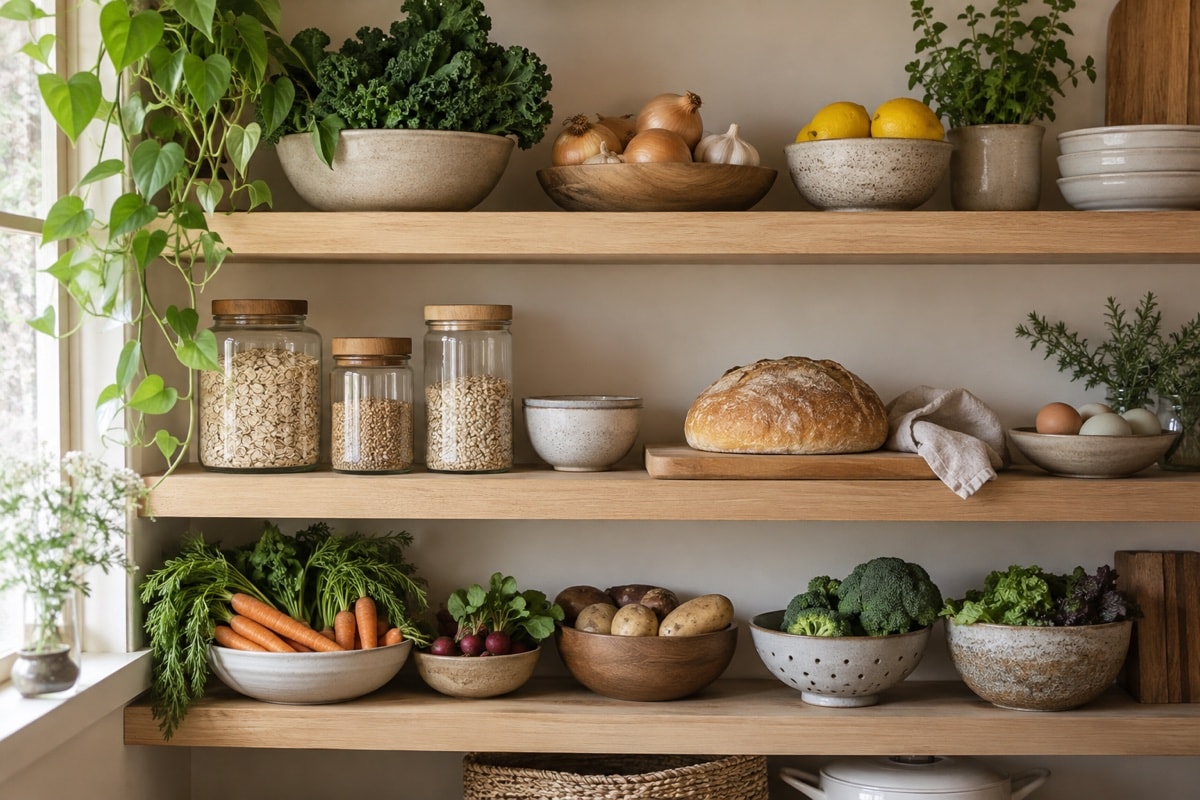 Open pantry shelves with vegetables, bread, grains and ceramic bowls