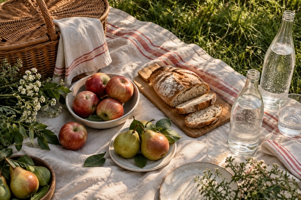 A picnic blanket with fruit, bread and plain water bottles