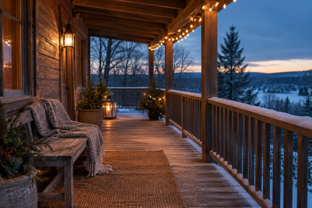 Warm porch lights glowing against a winter evening