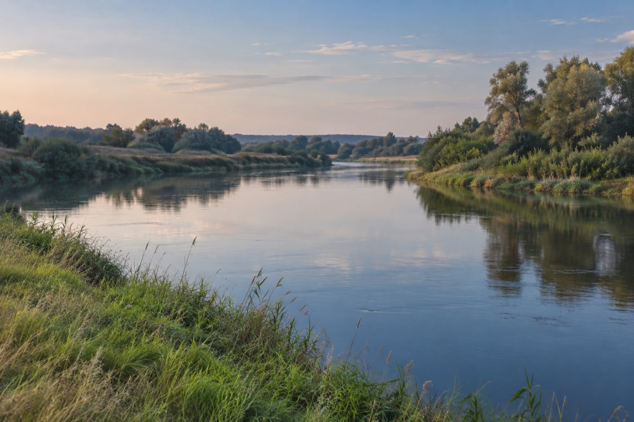 A calm river curving between grassy banks
