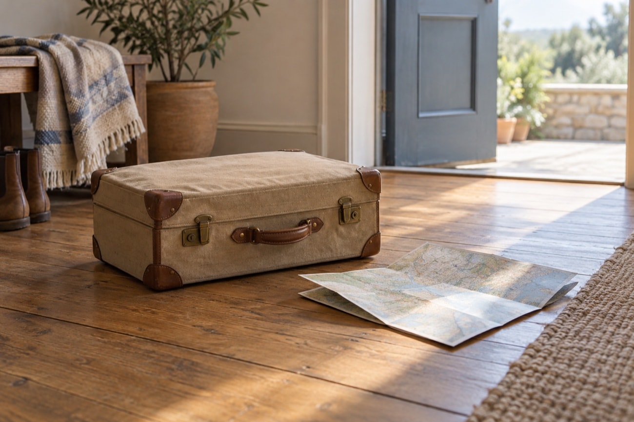 A canvas suitcase and folded paper map near an open doorway
