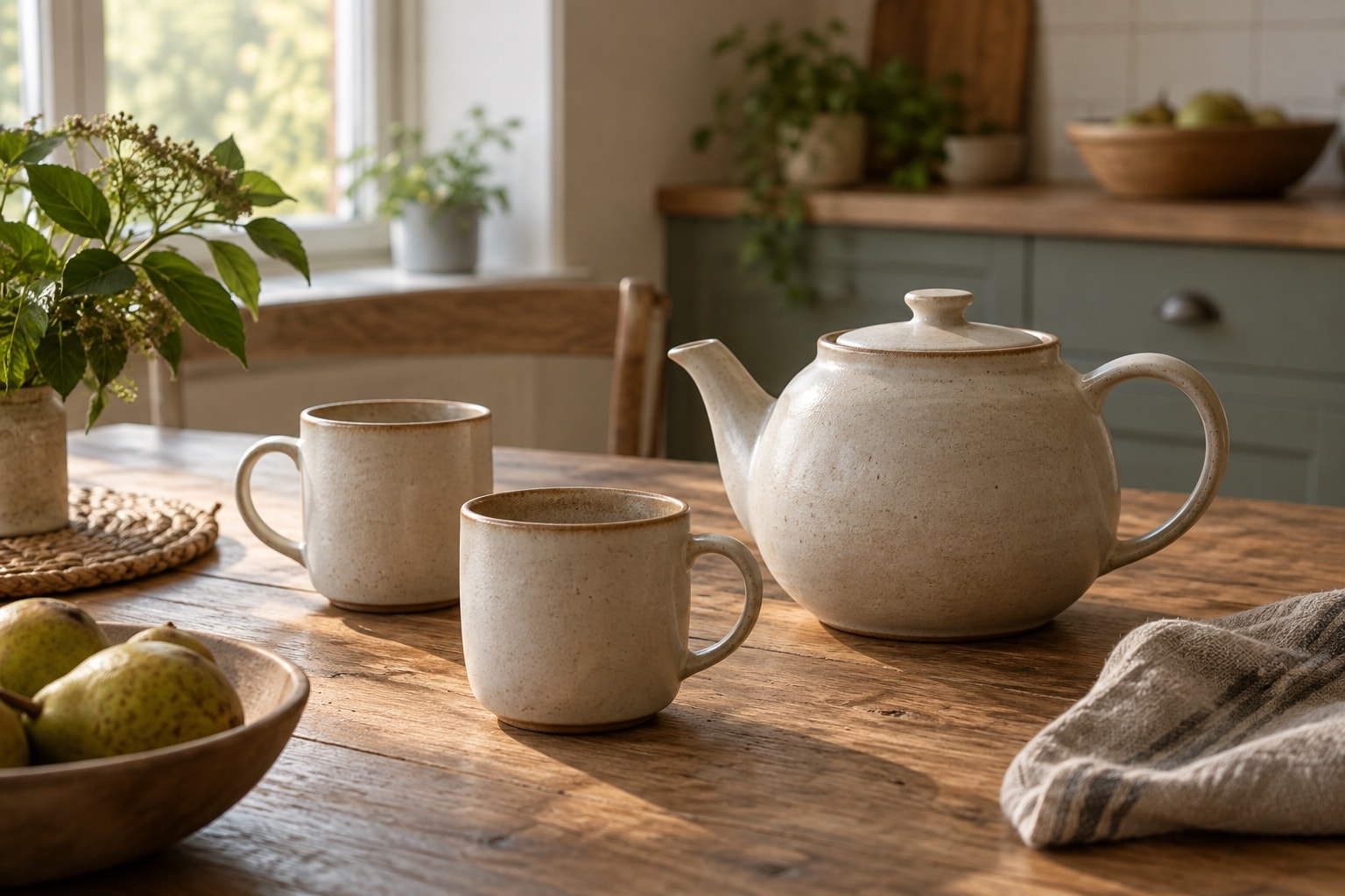 A ceramic teapot and two mugs on a wooden table